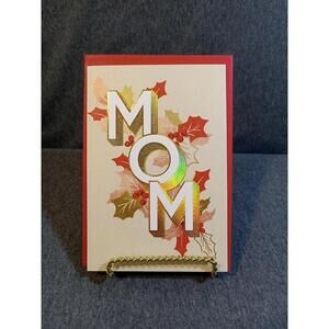 Hallmark Card White Red Gold Tan To MOM "Mom "Holly Leaves Berries